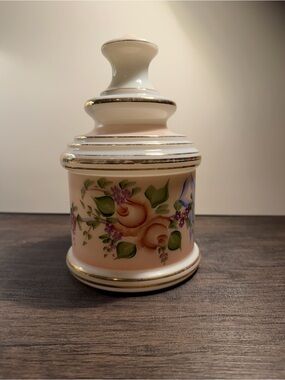 Vintage Floral Apothecary Jar with Lid and Gold Trim/ Cottage core Decor